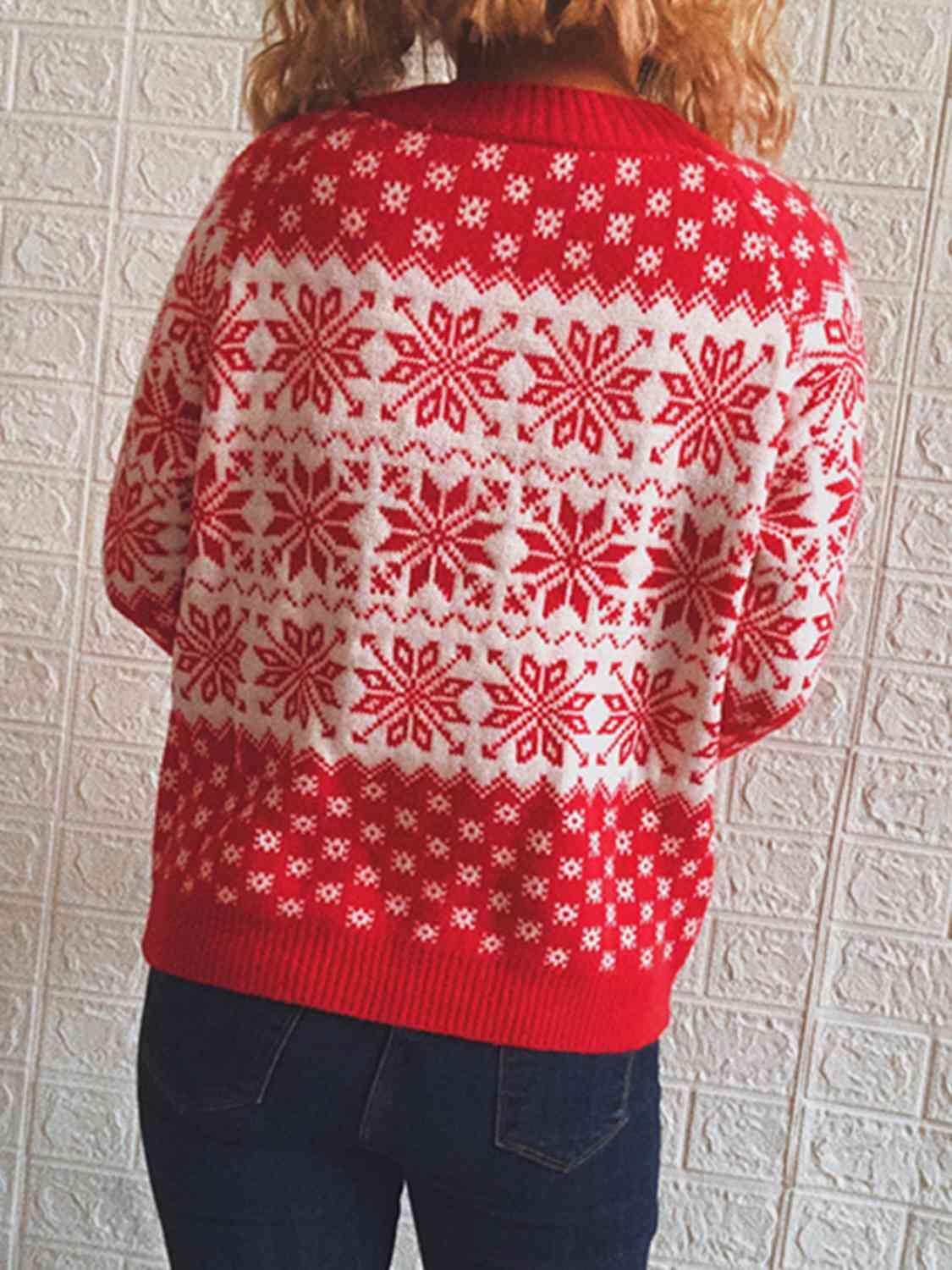 Skillfully Patterned Long Sleeve Snowflake Sweater-MXSTUDIO.COM