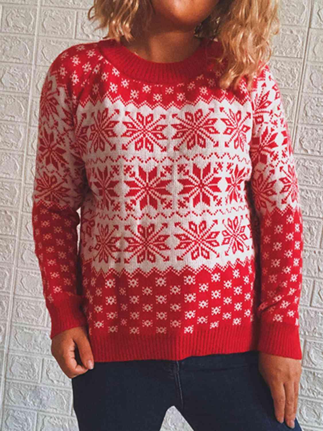 Skillfully Patterned Long Sleeve Snowflake Sweater-MXSTUDIO.COM