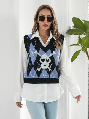 Skull Knitted Sleeveless Argyle Sweater Vest-MXSTUDIO.COM