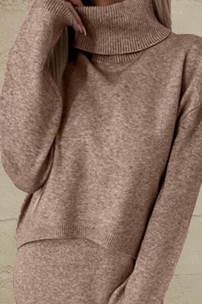 a woman wearing a brown turtle neck sweater