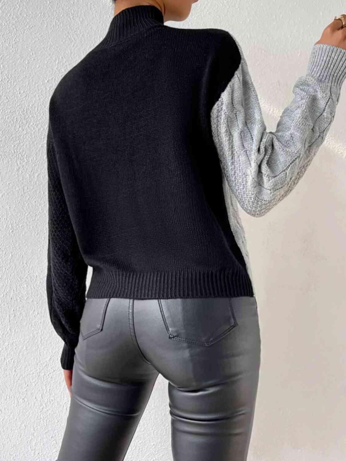 Sleek And Cozy Knitted Color Block Mock Neck Sweater-MXSTUDIO.COM