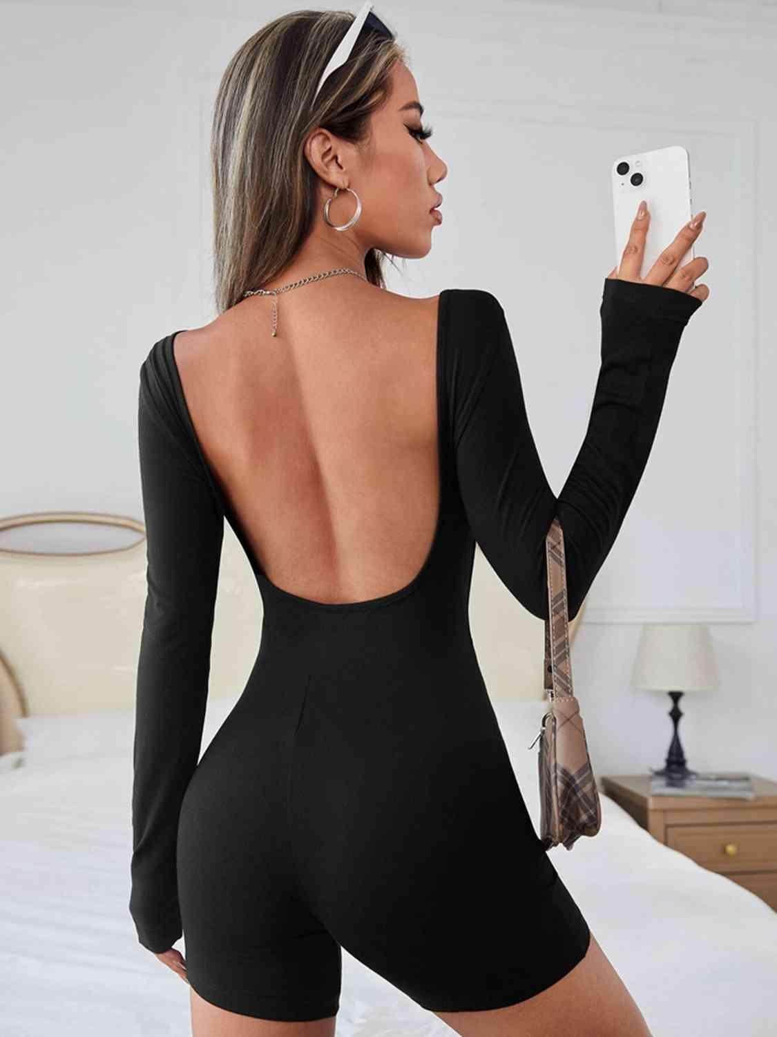 Sleek Chic Backless Black Long Sleeve Romper - MXSTUDIO.COM