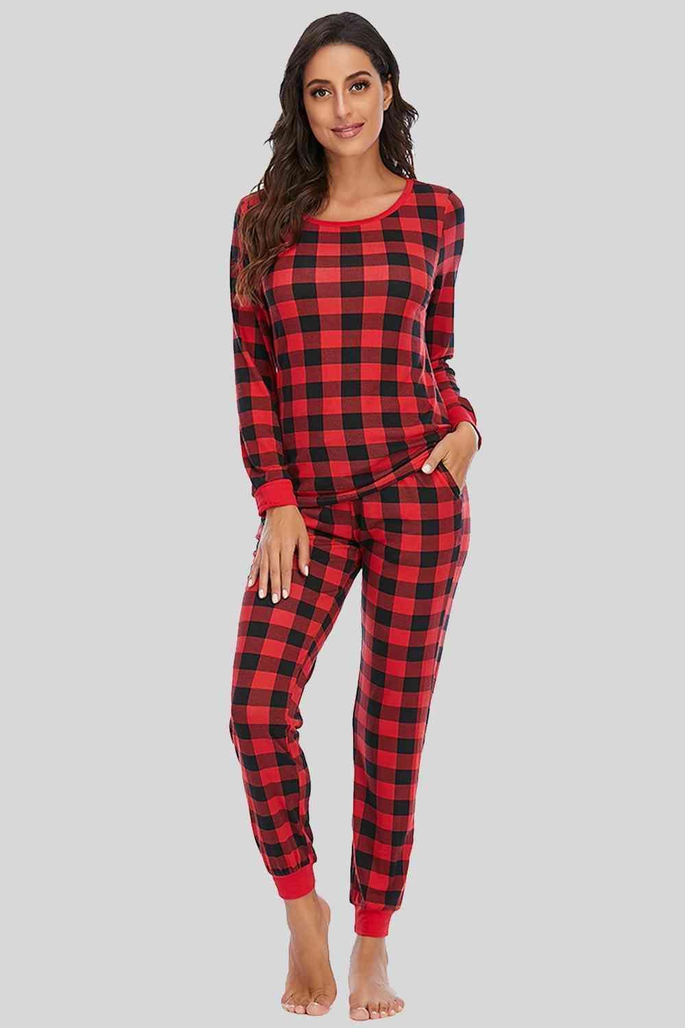 Sleep Tight Plaid Pants And Long Sleeve Top Set - MXSTUDIO.COM