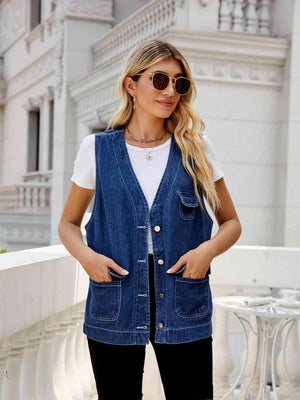 Sleeveless Button Down Women Denim Vest - MXSTUDIO.COM