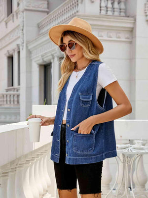 Sleeveless Button Down Women Denim Vest - MXSTUDIO.COM