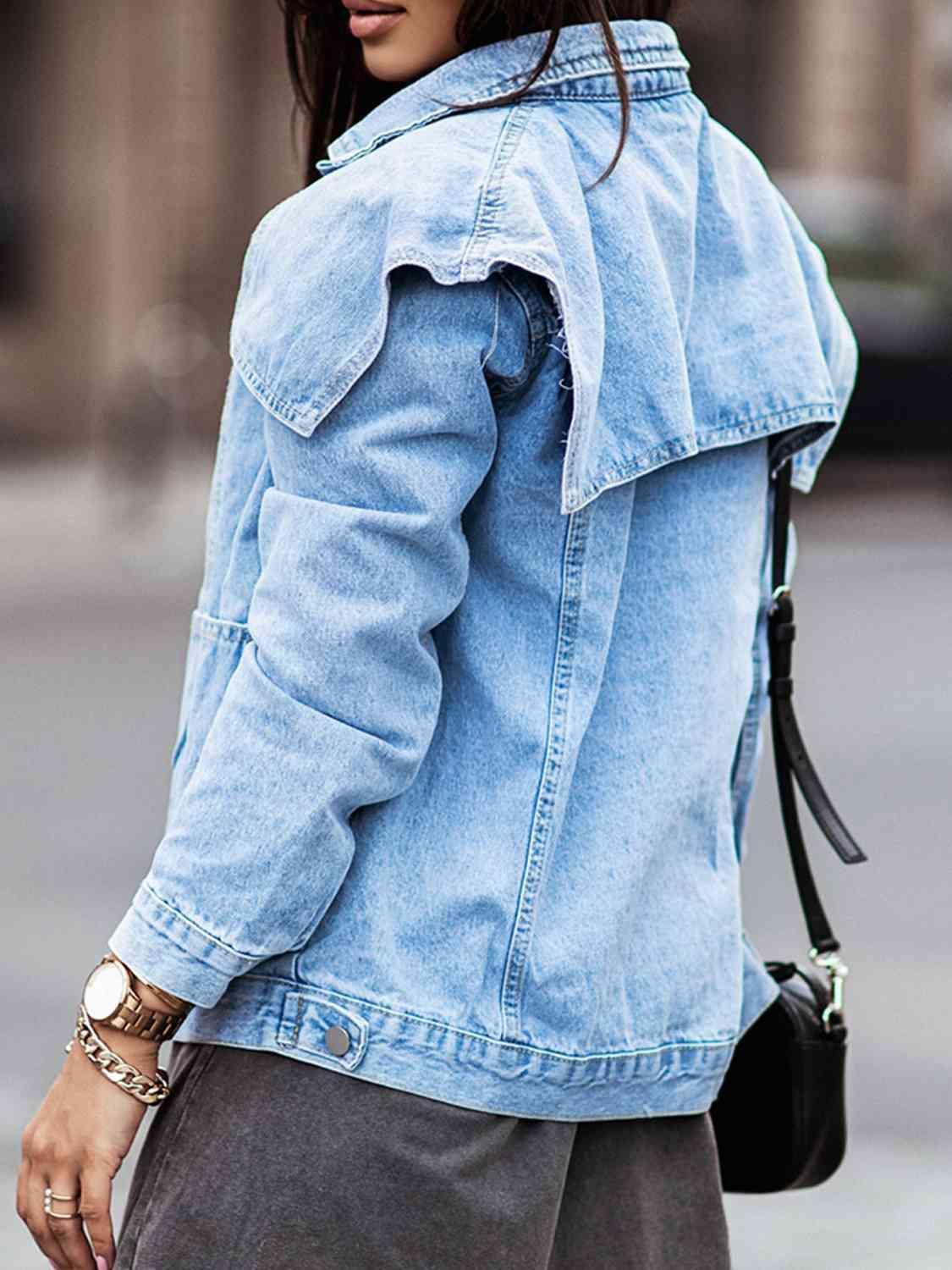 Slight Stretch Button Down Collared Denim Jacket - MXSTUDIO.COM