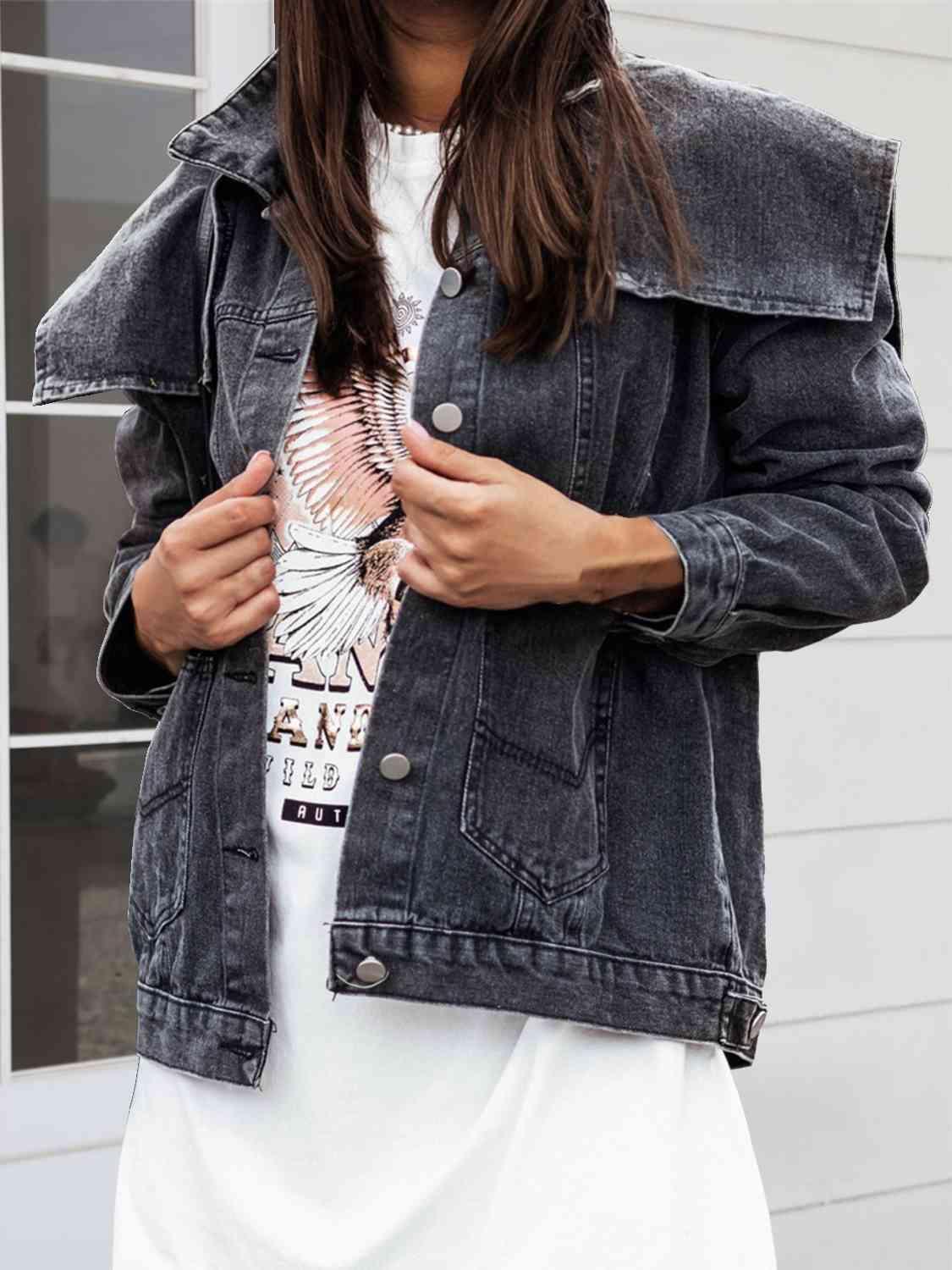 Slight Stretch Button Down Collared Denim Jacket - MXSTUDIO.COM