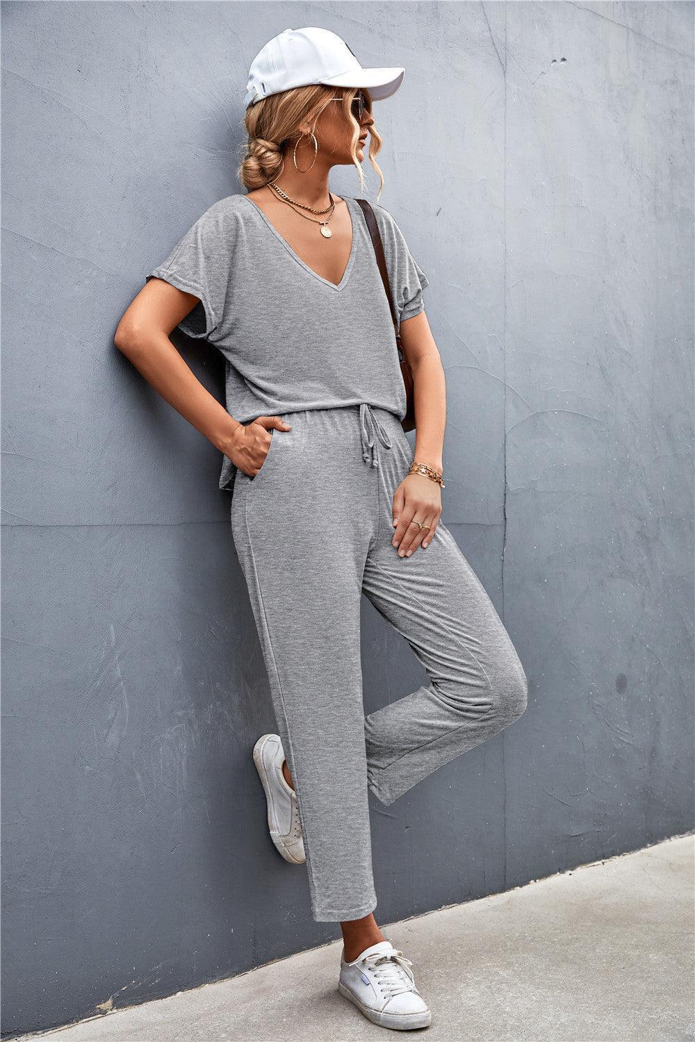 Sloppy T-Shirt and Drawstring Waist Pants Set - MXSTUDIO.COM