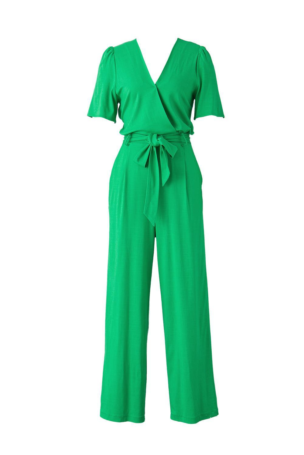 a green jumpsuit with a tie at the waist