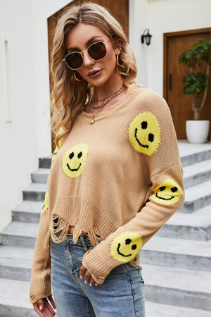 Smiley Face Crew Neck Distressed Sweater - MXSTUDIO.COM