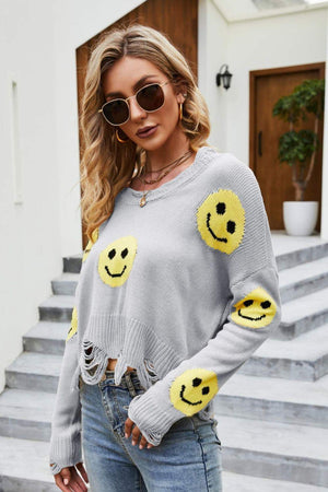 Smiley Face Crew Neck Distressed Sweater - MXSTUDIO.COM