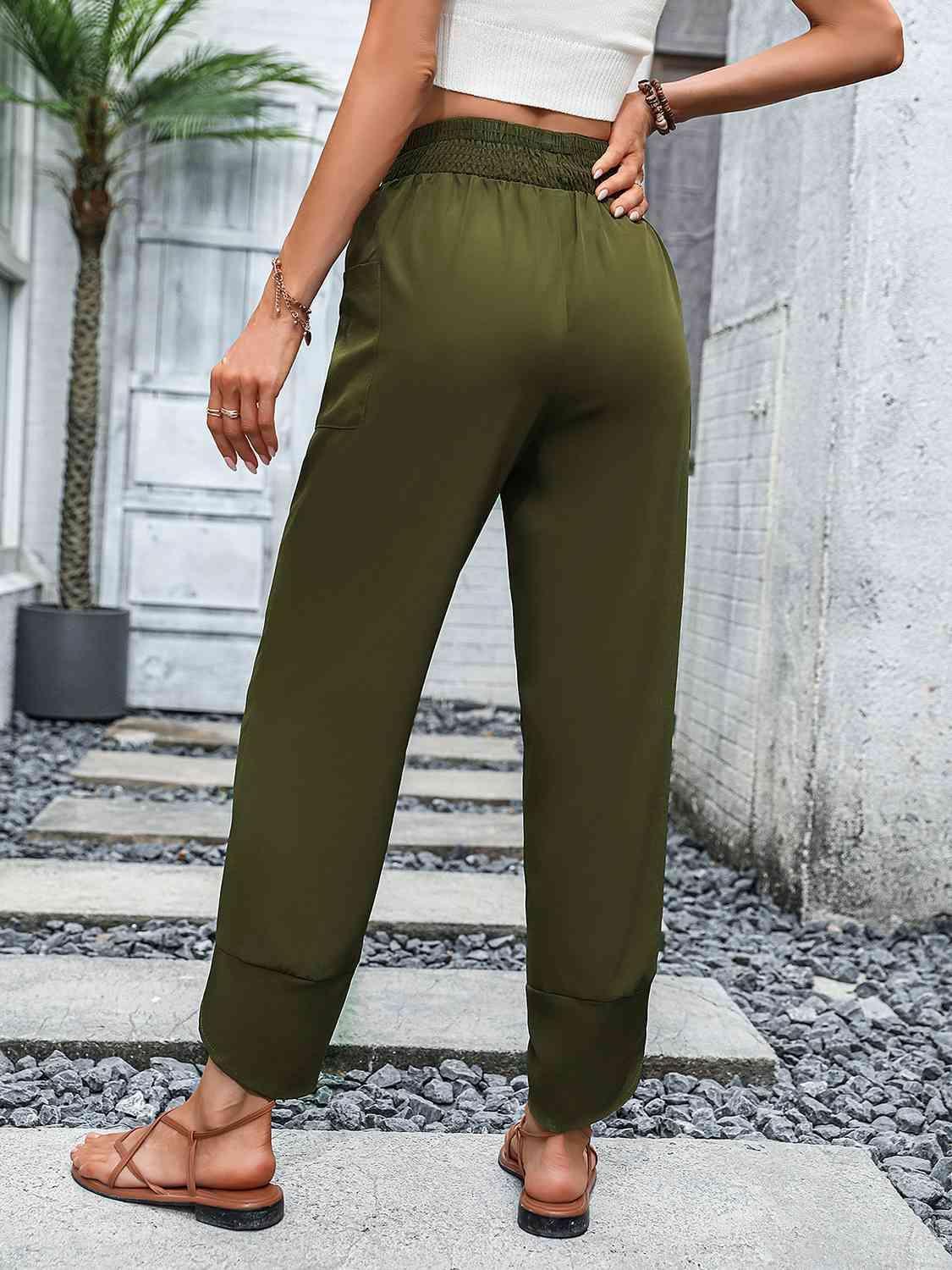Smocked Waist Army Green Womens Pants - MXSTUDIO.COM