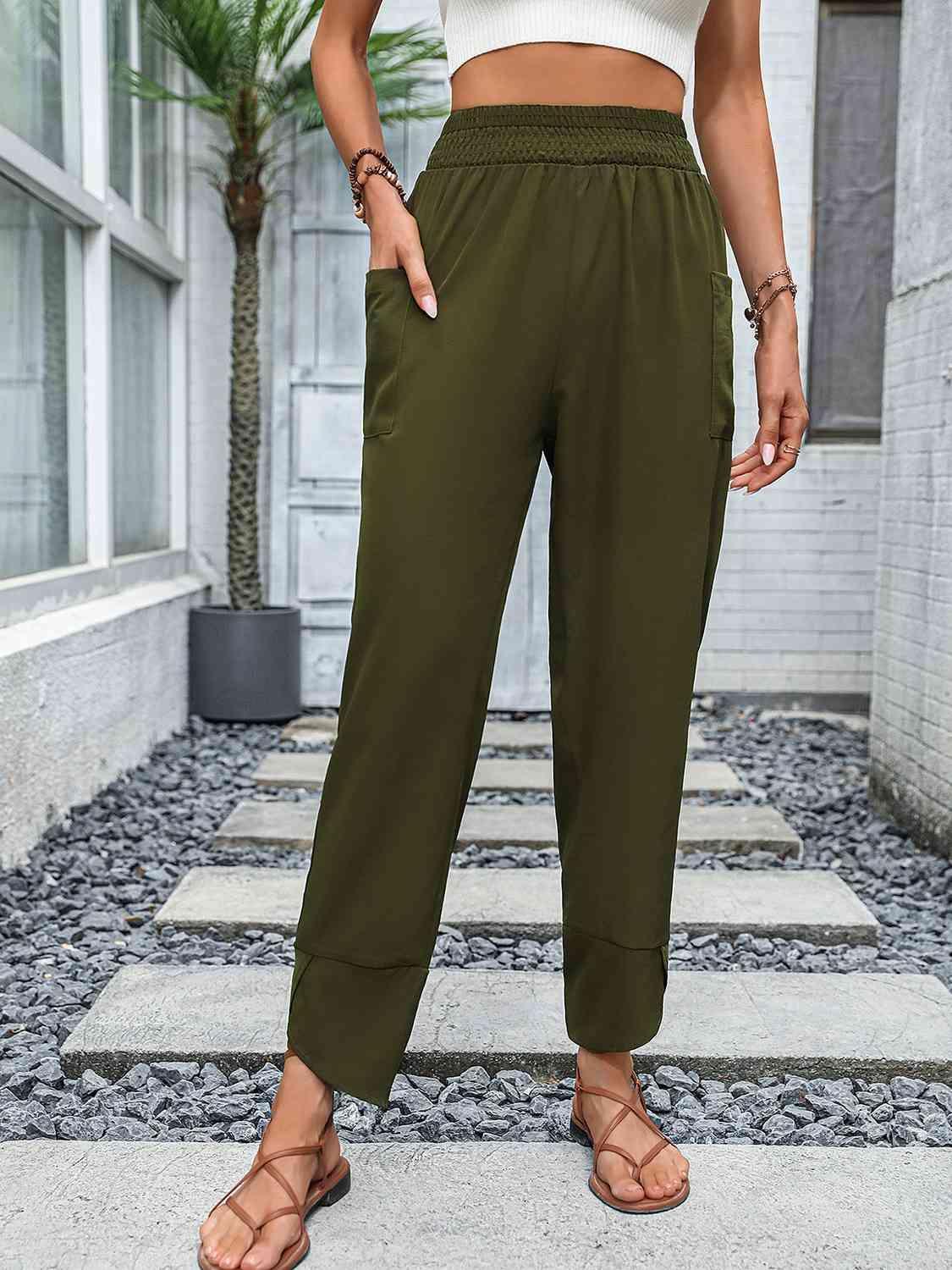 Smocked Waist Army Green Womens Pants - MXSTUDIO.COM