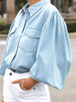 Snap Down Denim Puff Sleeve Jacket - MXSTUDIO.COM