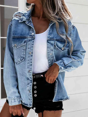 Snap Down Distressed Oversized Denim Jacket - MXSTUDIO.COM