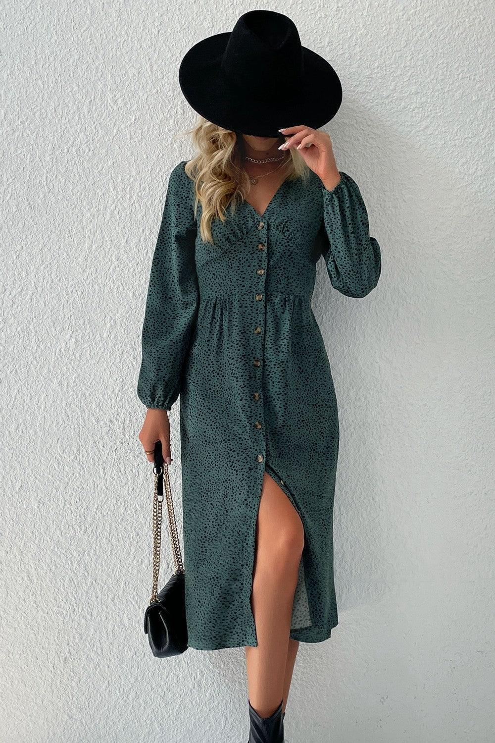 Snazzy Button Down V-Neck Midi Dress - MXSTUDIO.COM