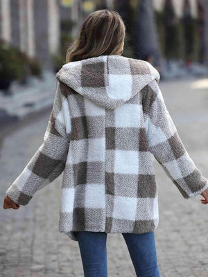 Snow Charm Plaid Open Front Hooded Teddy Coat-MXSTUDIO.COM