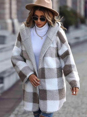 Snow Charm Plaid Open Front Hooded Teddy Coat-MXSTUDIO.COM