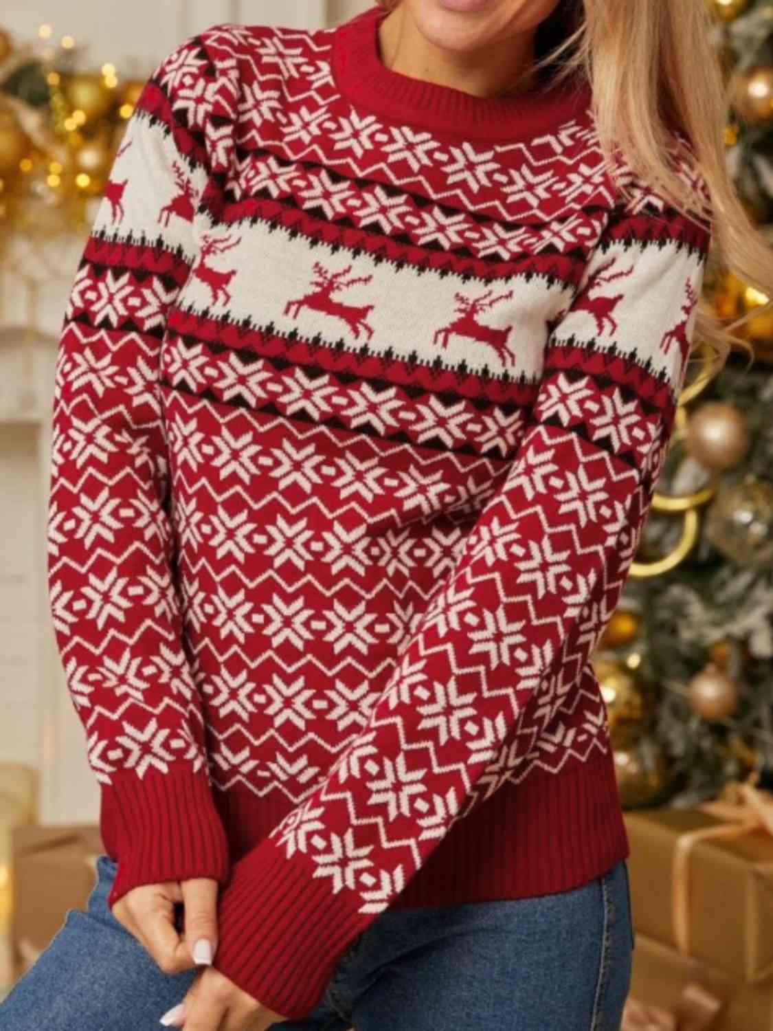 Snowy Holiday Knit Christmas Reindeer Sweater-MXSTUDIO.COM