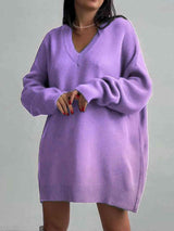 Snug In Style V-Neck Dropped Shoulder Sweater Dress-MXSTUDIO.COM