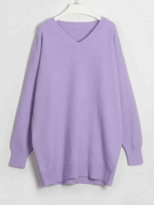 Snug In Style V-Neck Dropped Shoulder Sweater Dress-MXSTUDIO.COM