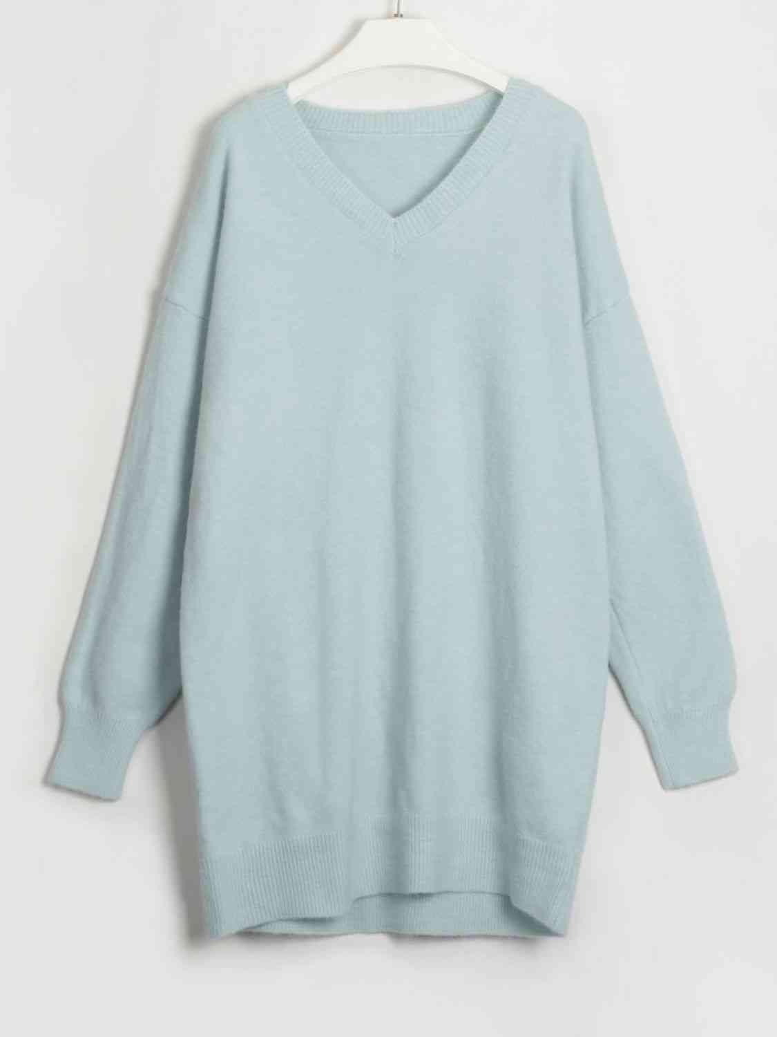 Snug In Style V-Neck Dropped Shoulder Sweater Dress-MXSTUDIO.COM