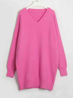 Snug In Style V-Neck Dropped Shoulder Sweater Dress-MXSTUDIO.COM