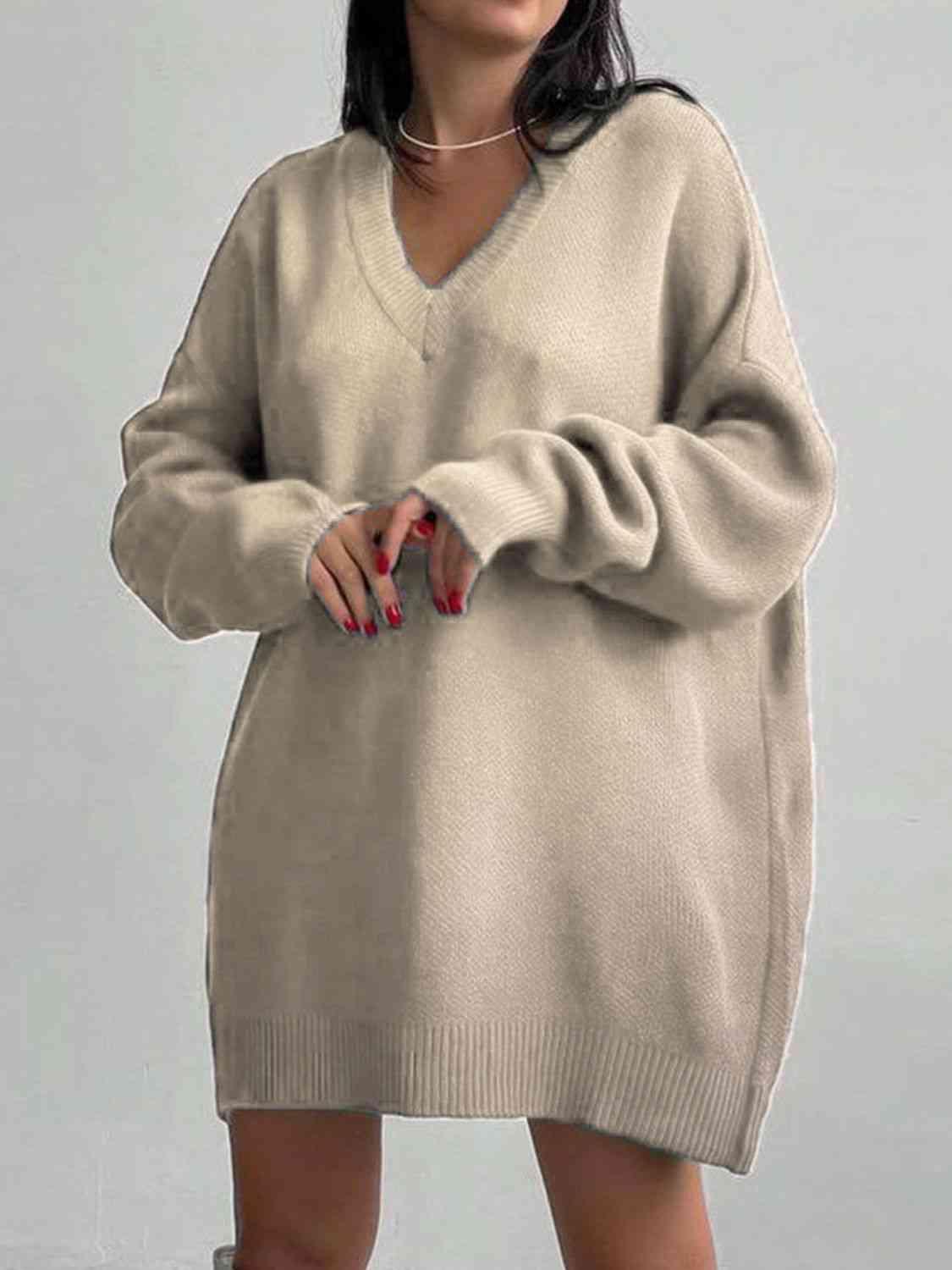 Snug In Style V-Neck Dropped Shoulder Sweater Dress-MXSTUDIO.COM