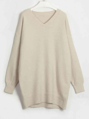 Snug In Style V-Neck Dropped Shoulder Sweater Dress-MXSTUDIO.COM