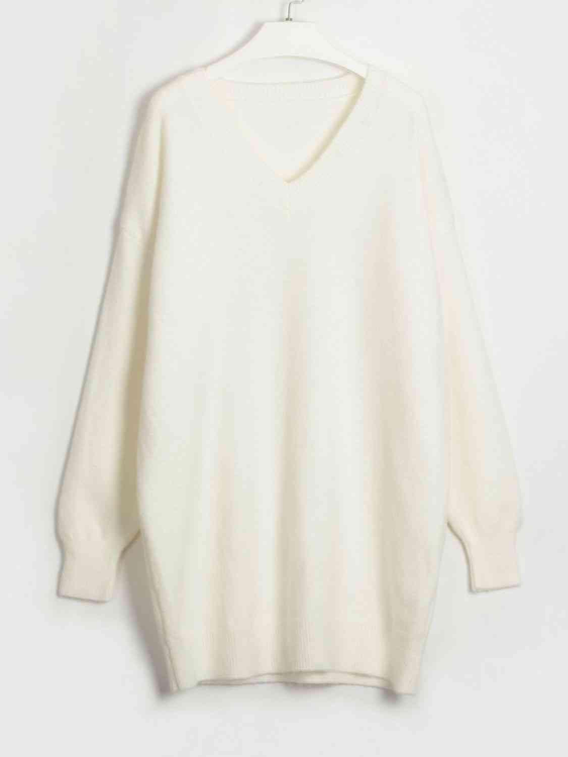 Snug In Style V-Neck Dropped Shoulder Sweater Dress-MXSTUDIO.COM