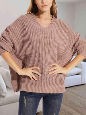 Snuggle Down V-Neck Dropped Shoulder Sweater-MXSTUDIO.COM