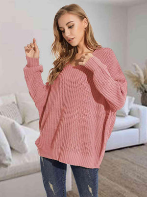 Snuggle Down V-Neck Dropped Shoulder Sweater-MXSTUDIO.COM