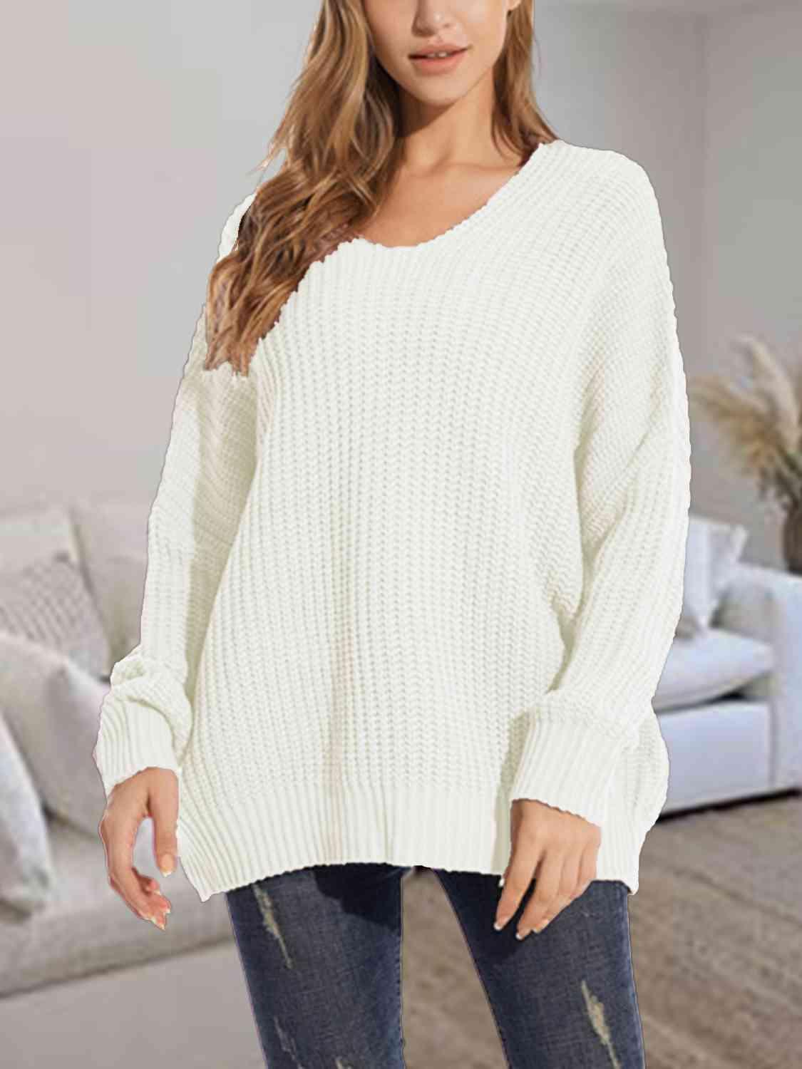 Snuggle Down V-Neck Dropped Shoulder Sweater-MXSTUDIO.COM