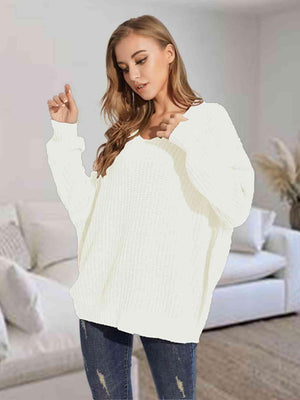 Snuggle Down V-Neck Dropped Shoulder Sweater-MXSTUDIO.COM