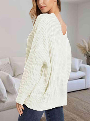 Snuggle Down V-Neck Dropped Shoulder Sweater-MXSTUDIO.COM