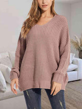 Snuggle Down V-Neck Dropped Shoulder Sweater-MXSTUDIO.COM