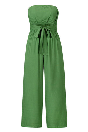 a green jumpsuit with a tie at the waist
