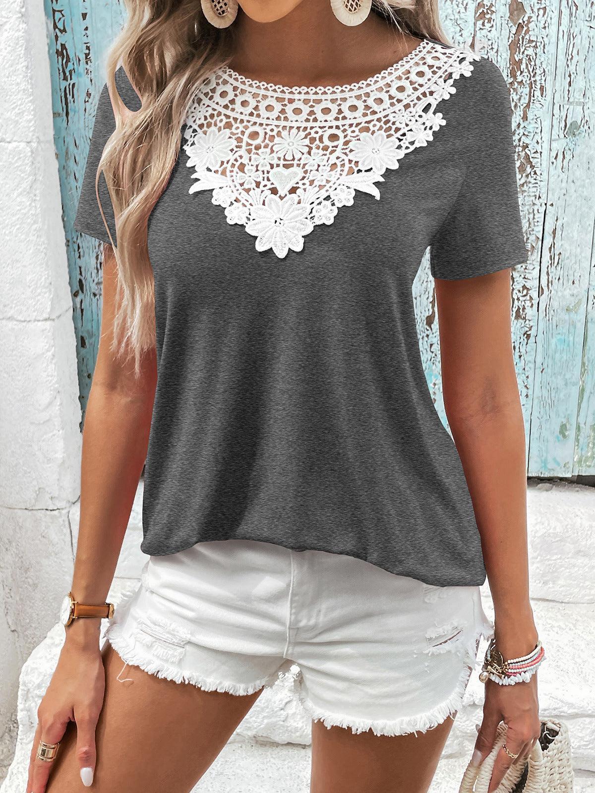 So Good Crew Neck Short Sleeve Lace Top - MXSTUDIO.COM