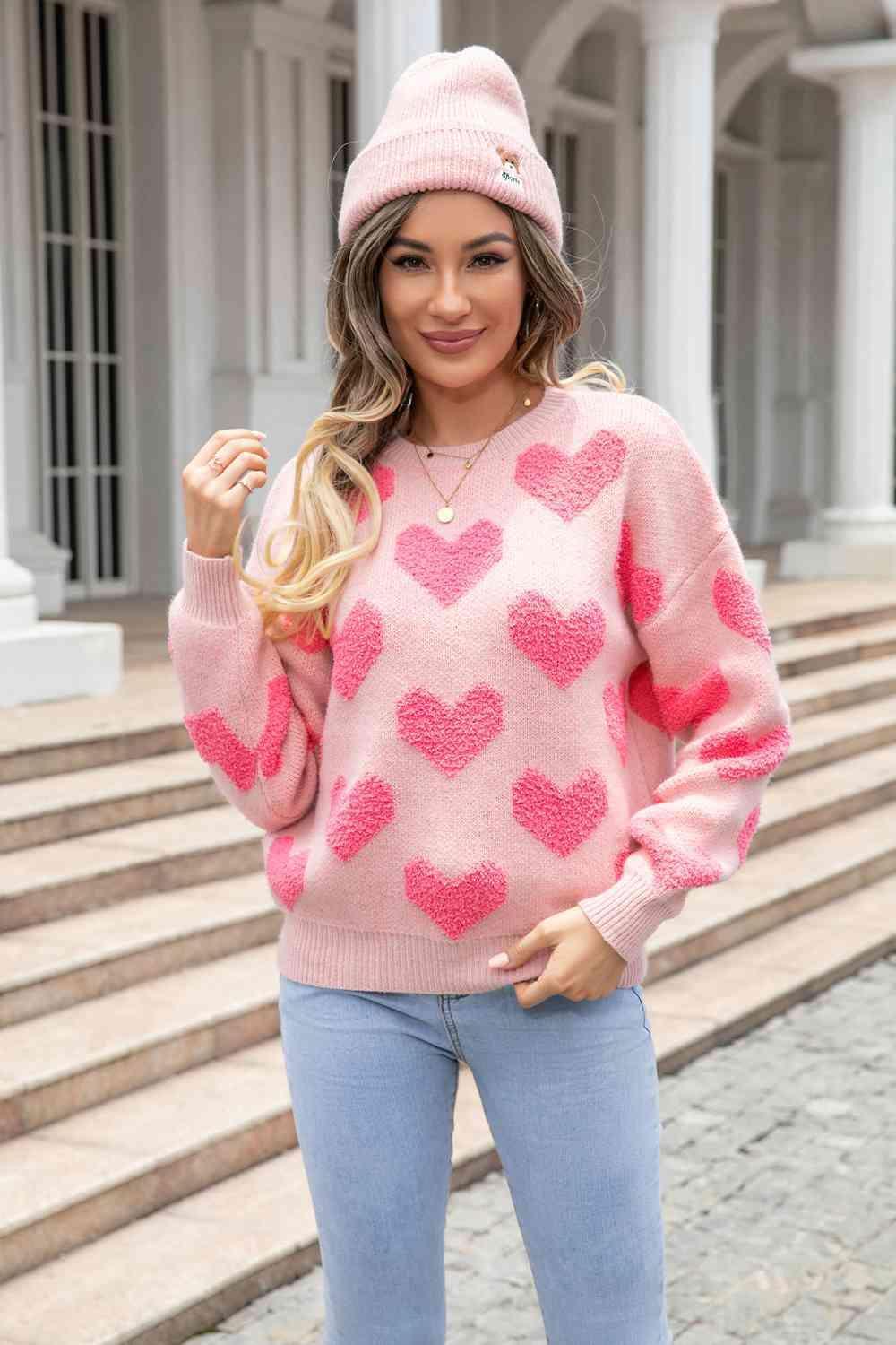 So In Love Blush Pink Crew Neck Heart Sweater - MXSTUDIO.COM