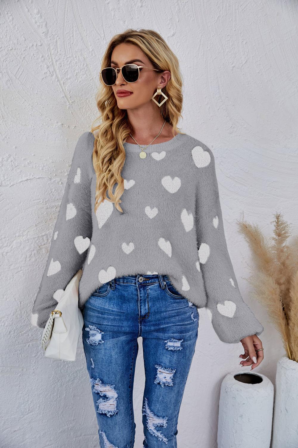 So In Love Fuzzy Crew Neck Heart Print Sweater - MXSTUDIO.COM