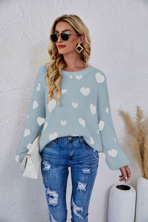 So In Love Fuzzy Crew Neck Heart Print Sweater - MXSTUDIO.COM