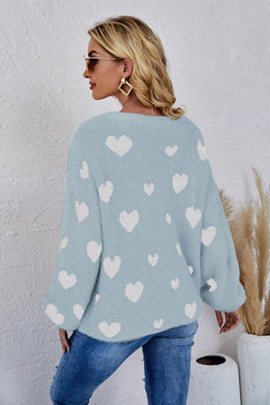 So In Love Fuzzy Crew Neck Heart Print Sweater - MXSTUDIO.COM