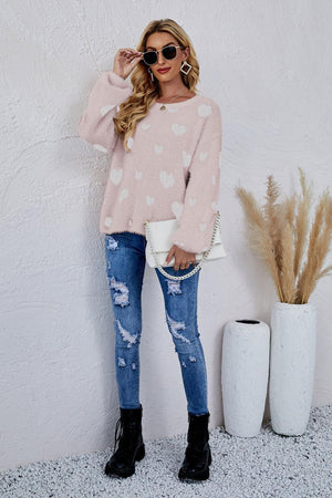 So In Love Fuzzy Crew Neck Heart Print Sweater - MXSTUDIO.COM