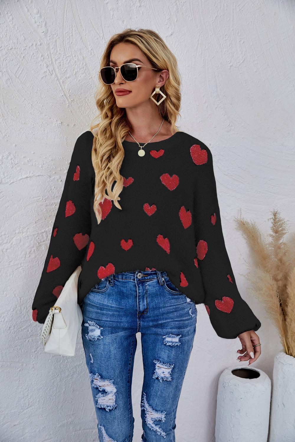 So In Love Fuzzy Crew Neck Heart Print Sweater - MXSTUDIO.COM