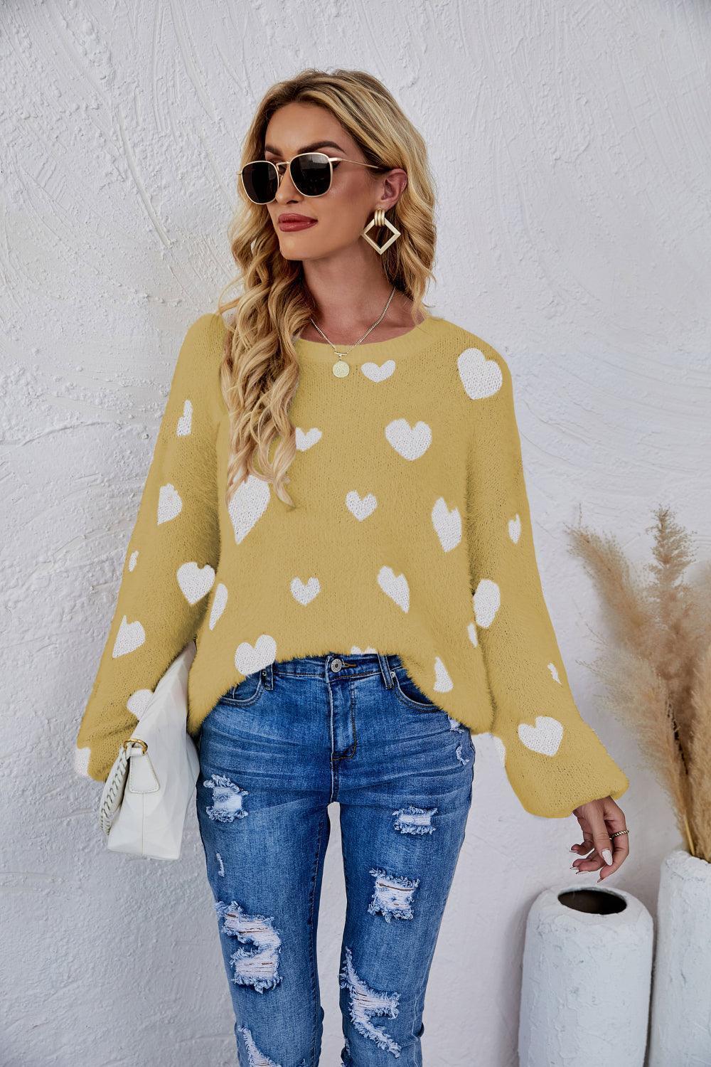 So In Love Fuzzy Crew Neck Heart Print Sweater - MXSTUDIO.COM