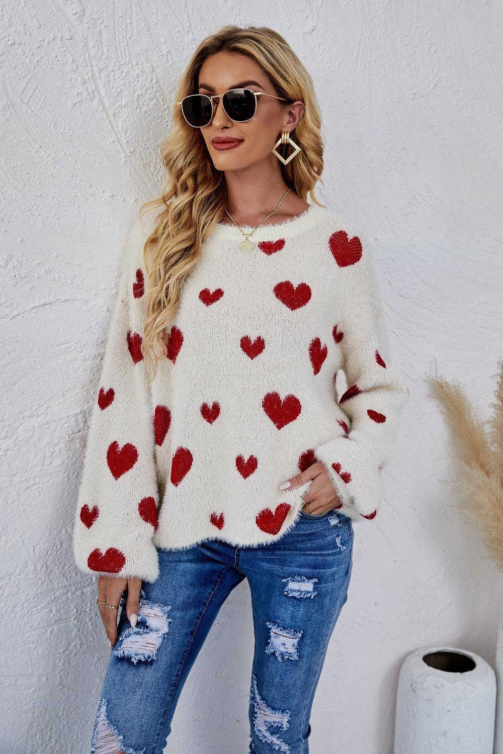 So In Love Fuzzy Crew Neck Heart Print Sweater - MXSTUDIO.COM