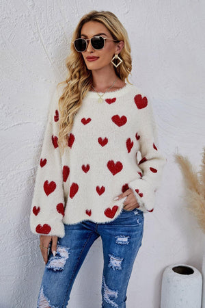 So In Love Fuzzy Crew Neck Heart Print Sweater - MXSTUDIO.COM