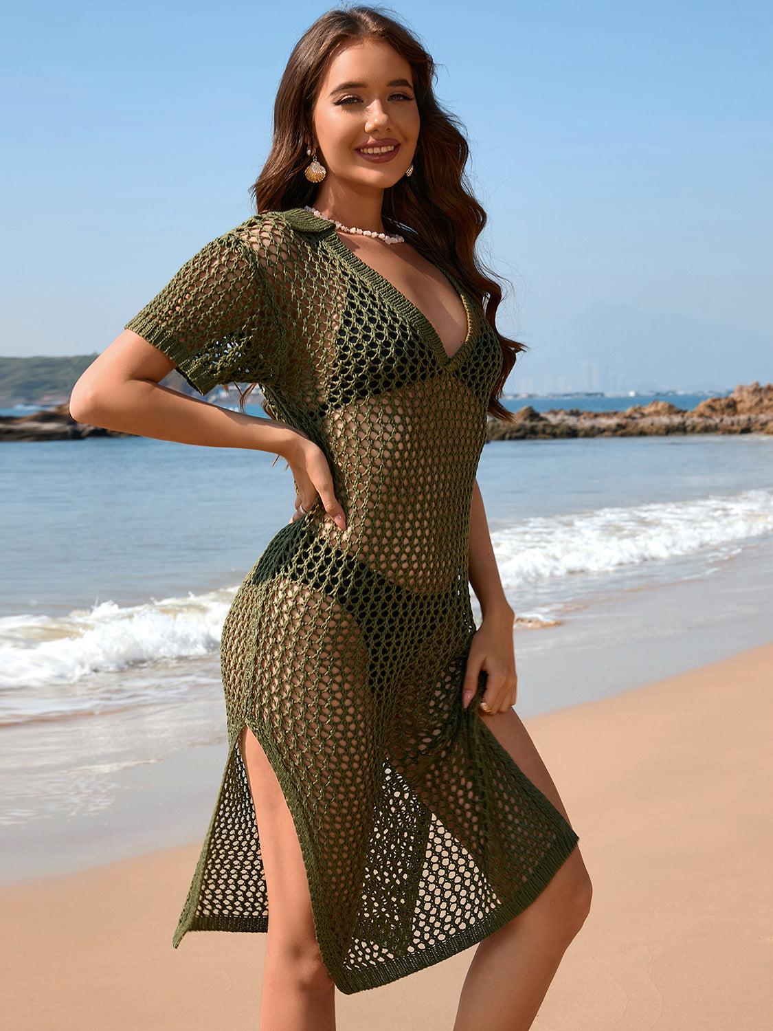 a woman posing on the beach in a green crochet dress