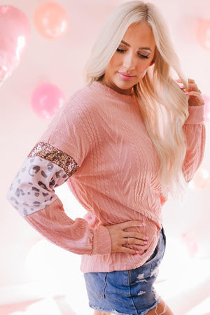 Soft And Feminine Leopard Sequined Pink Sweater - MXSTUDIO.COM