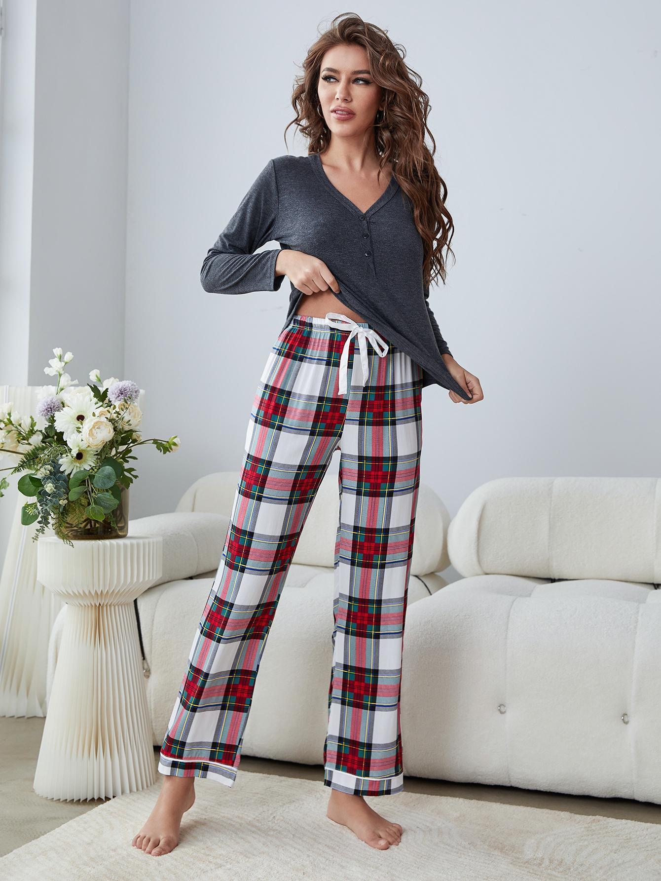 Solid Grey Top And Plaid Pants Lounge Set - MXSTUDIO.COM